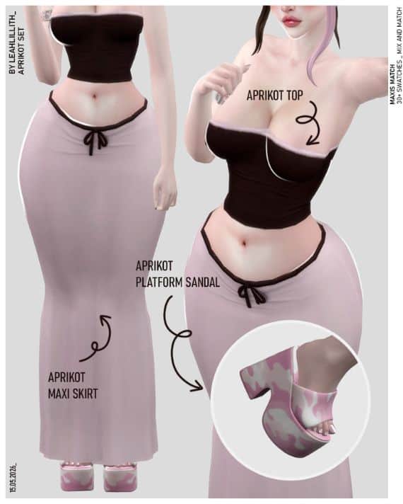 close up of Sims wearing black tube tips and figure-hugging maxi skirts