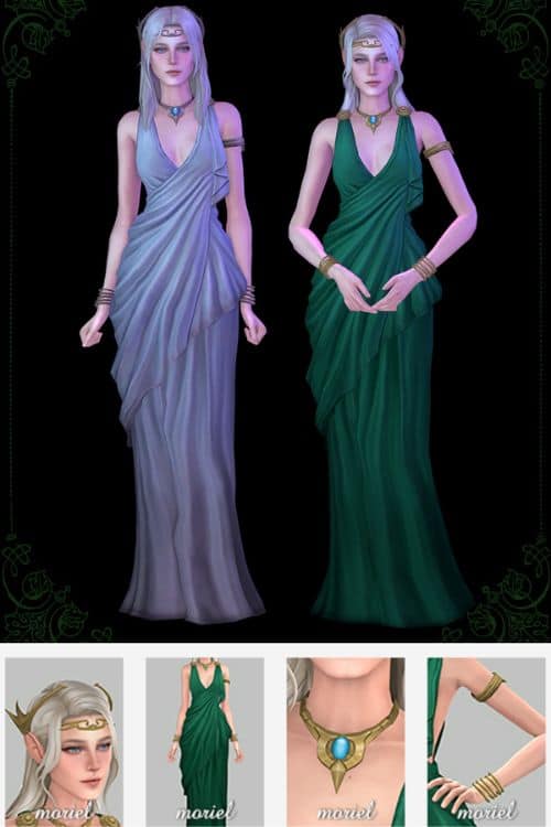 two female fantasy Sims wearing draped dresses and gold jewels and crowns