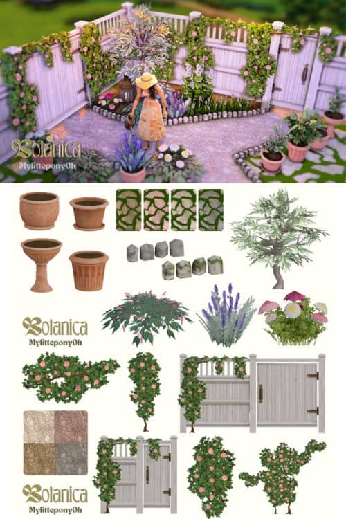 a collage of garden build CC, plants and potters