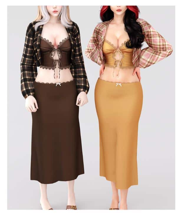 two female Sims wearing knit cardigans, lace tops and low rise skirts
