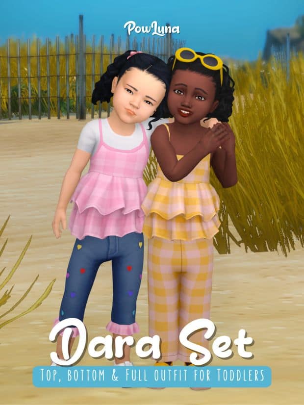 two toddler Sims wearing outfits with checkered patterns