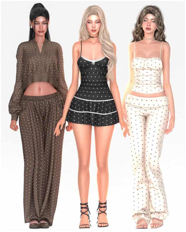 three female Sim wearing polka dot themed outfits