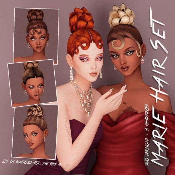 female Sims with chic updo woven buns and curled tendrils