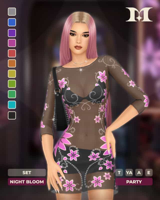 female Sim wearing a sheer mini dress with flower details and a sequins bag