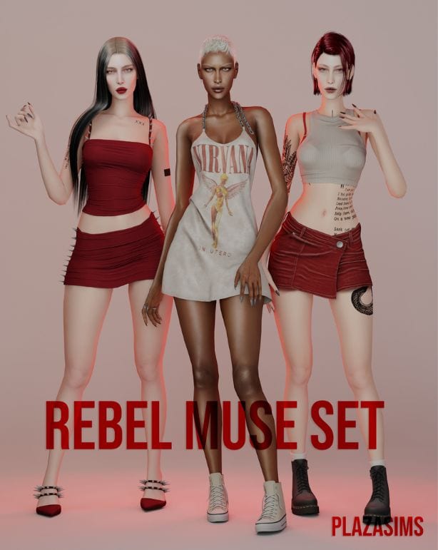 Three female Sims wearing edgy alt-inspired outfits
