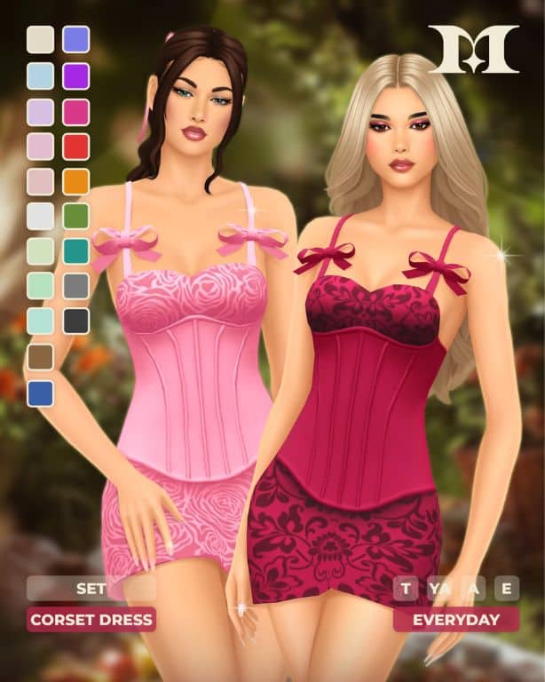 two female Sim wearing corset mini dresses