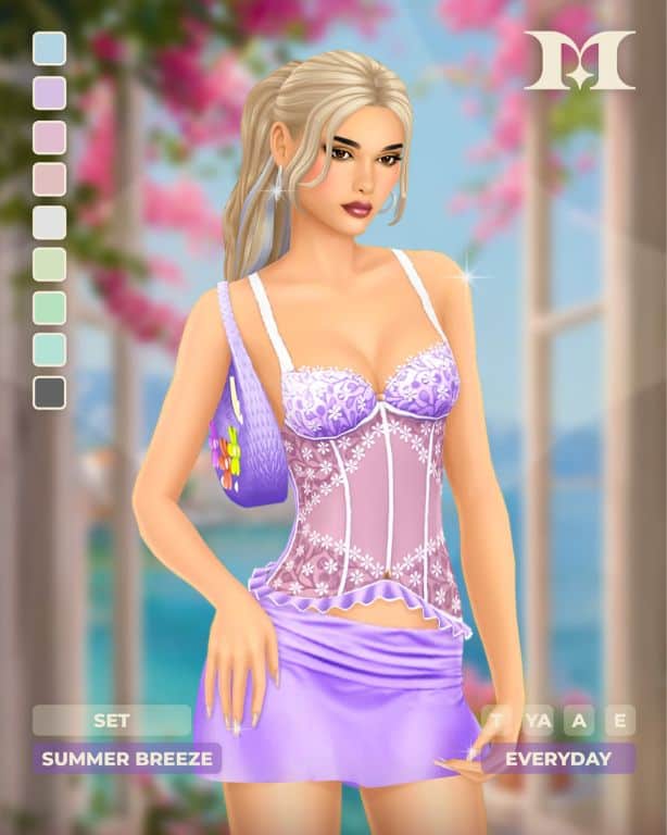 female Sim wearing a flirty, lilac fitted top, mini skirt and matching purse