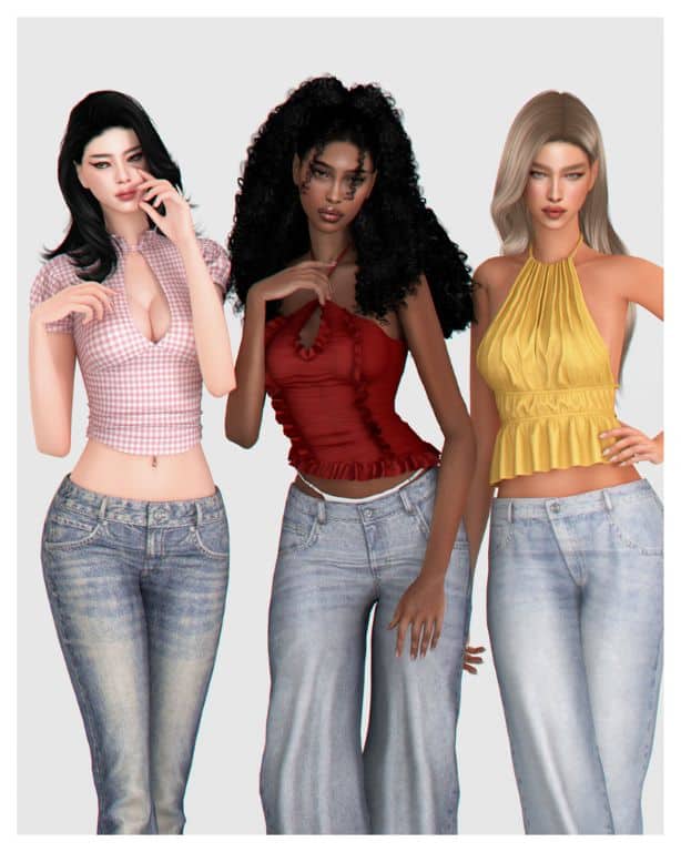 three female Sims wearing modern, stylish tops