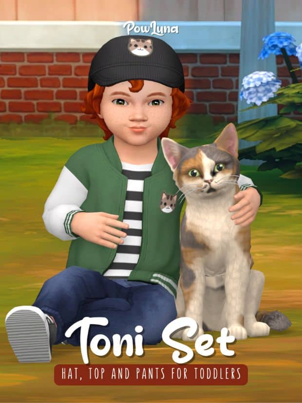 toddler Sim wearing a cap, layered top and pants