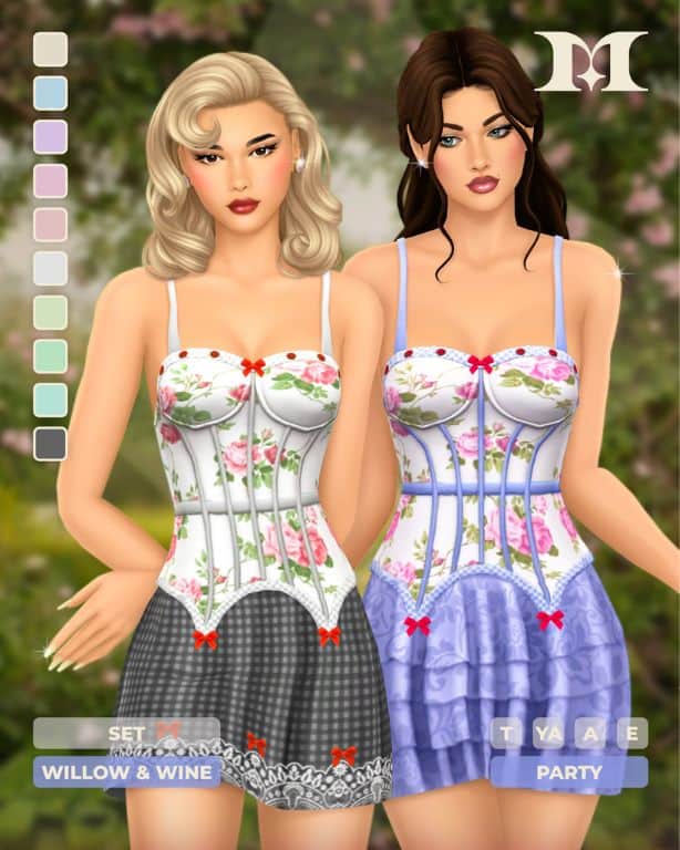 two female Sims wearing corset tops and mini skirts