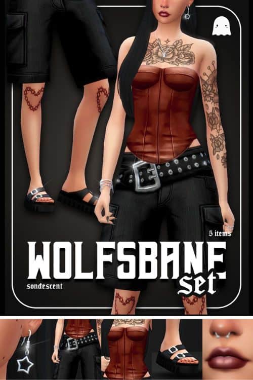 female Sim wearing a brown corset, belted black shorts and accessories