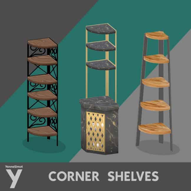 three styles of standing corner shelves