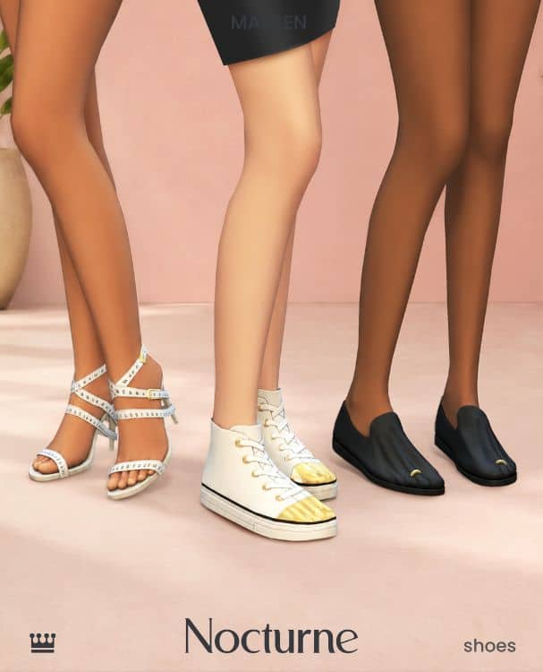 close up of three styles of footwear, heels, sneakers and loafers