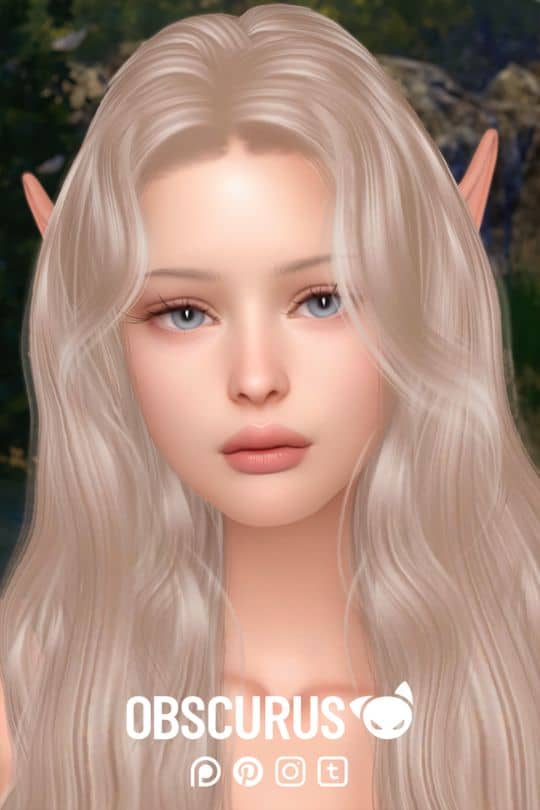 female elf sim with smooth skin and light blue eyes