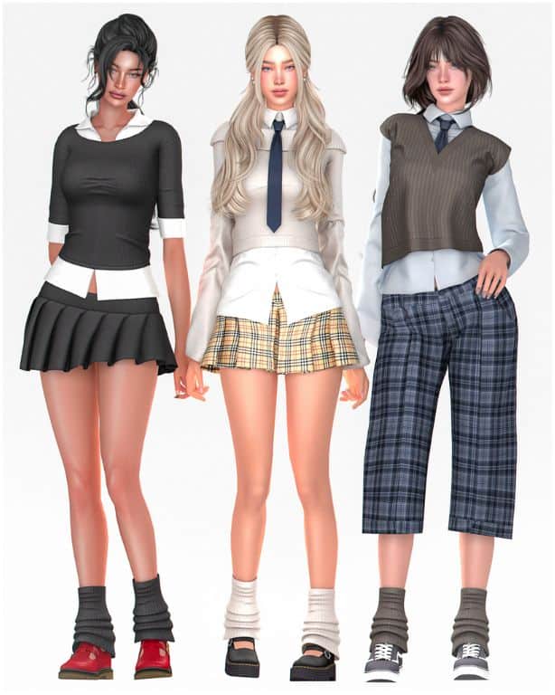 female Sims dressed in stylish preppy svhool-inspired clothes