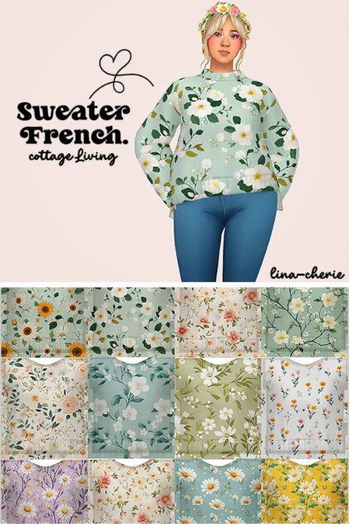 female Sim wearing a floral sweater with more swatches shown in a table