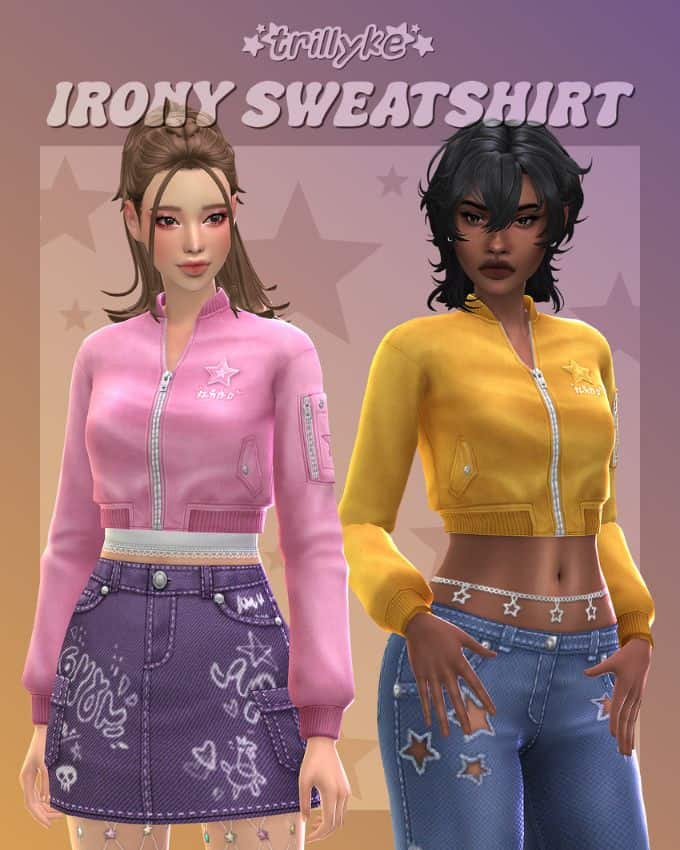 two female Sims wearing cropped colorful sweatshirts