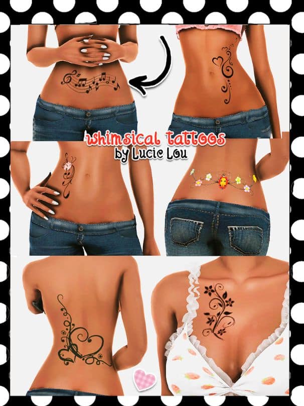 collage of six whimsical tattoos