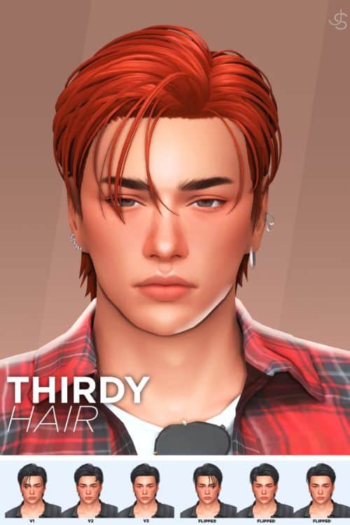 Male Sim with a short layered hairstyle with swept bangs and flipped styling variations