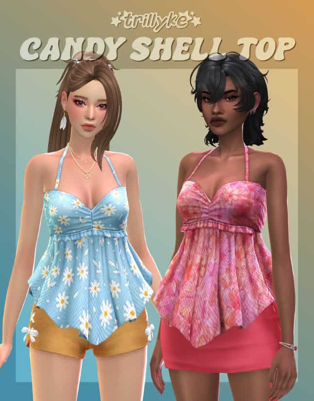 female Sim wearing flowy, colorful halter tops