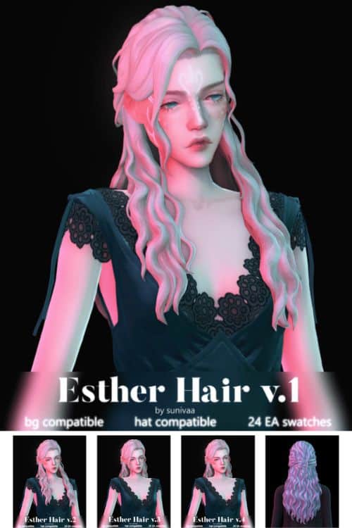 female Sim with a long hairstyle shown in 4 versions and from the back