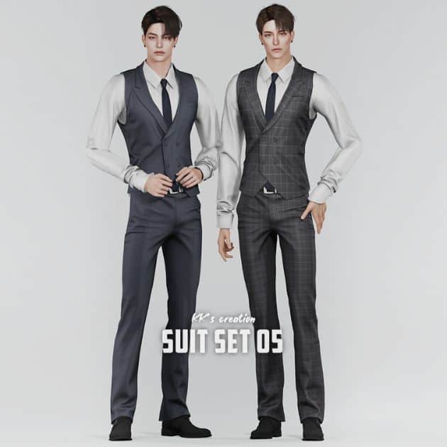 Male Sims wearing three-piece suits with double-breasted vests, dress shirts, ties, and belted trousers 