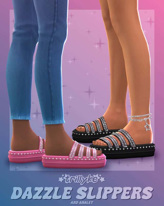 close up of dazzling slippers sandals and one wearing an anklet