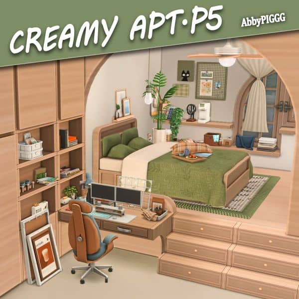 a wood and green themed bedroom setup
