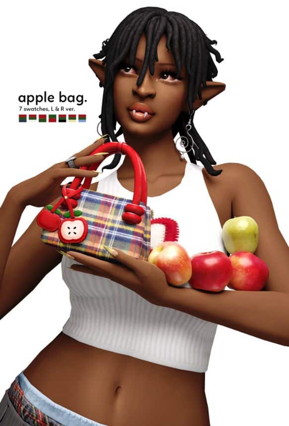 Black female Sim holding a cute plaid bag with apple charms and fresh apples in their arms