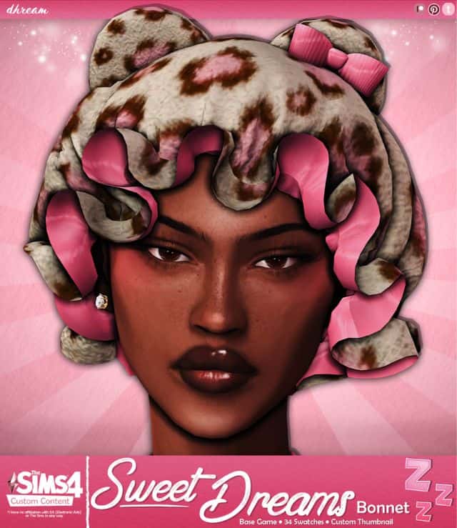 black female Sim wearing a pink and grey leopard print bonnet