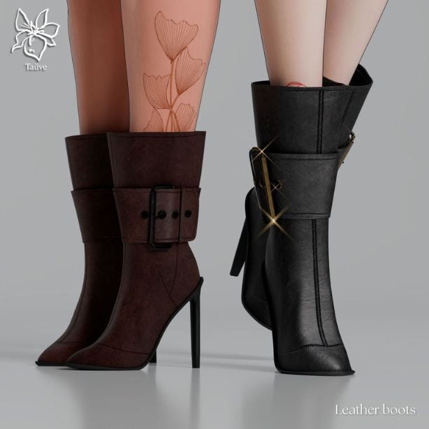 black and burgundy pairs of leather boots with a buckle