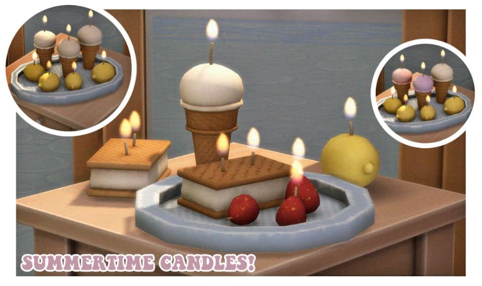 a table covered with food-themed candles
