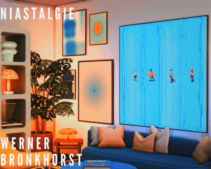 a living room with a vibrant blue canvas painting on the wall