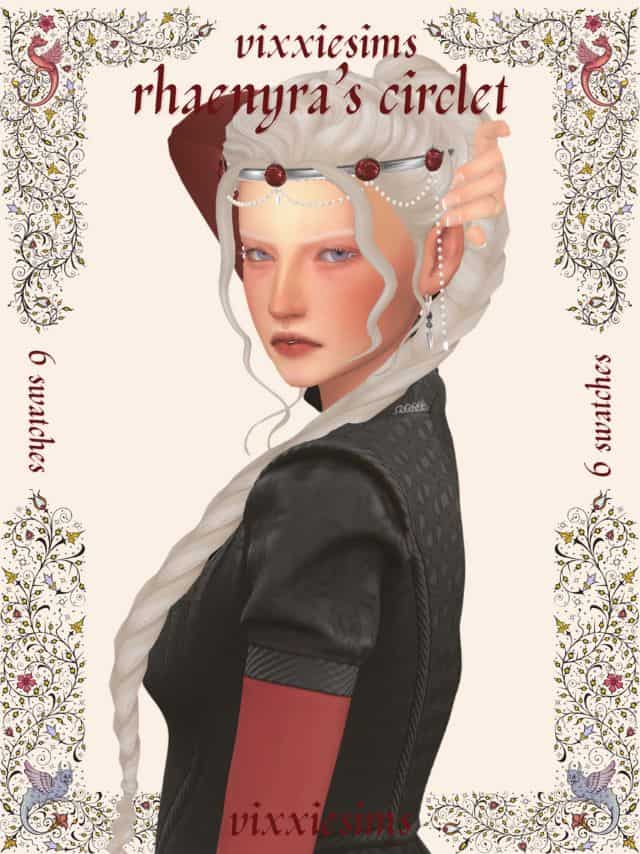Rhaenyra Sim with a silver circlet with rubies and hanging pearls