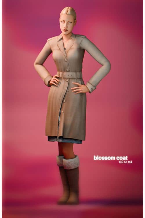 female Sim wearing a beige belted coat