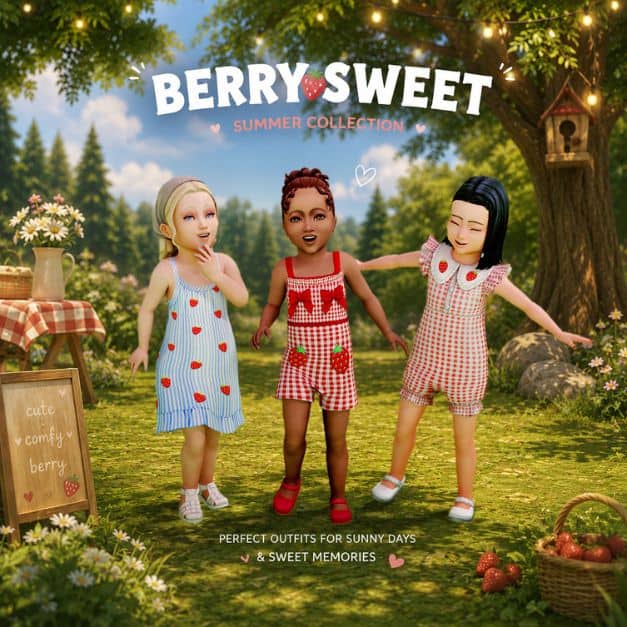 three toddlers wearing berry-inspired summer outfits