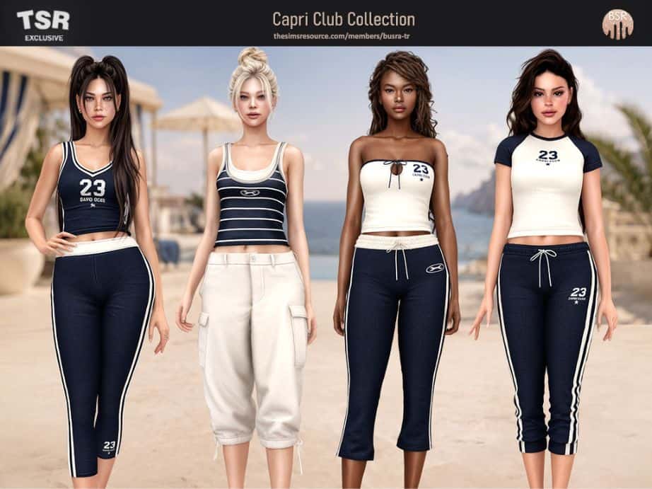 four female Sims wearing casual blue and white themed tops and capris