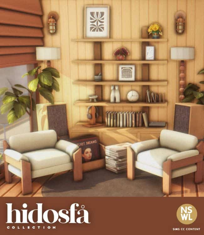 a cozy room with a chair, table-shelving unit and wall lamp