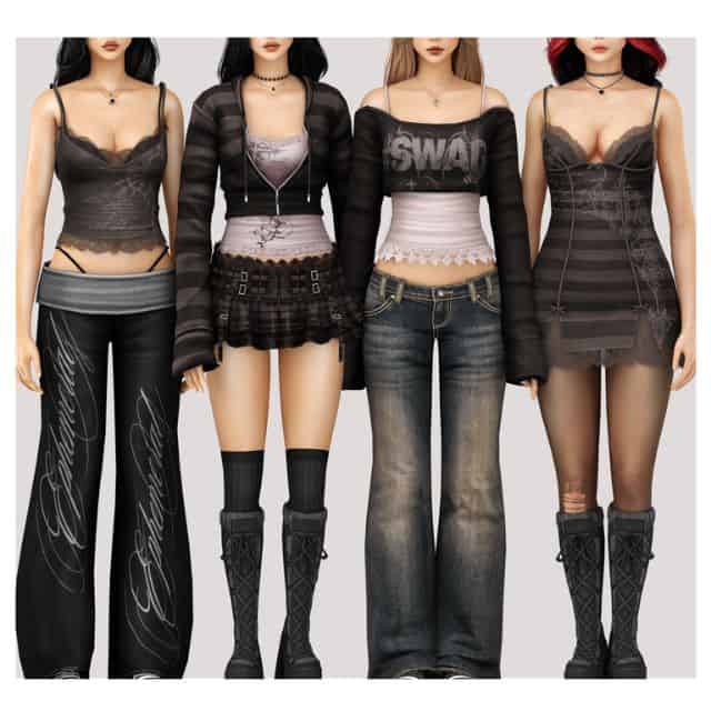 four female Sims wearing dark Y2K-inspired streetwear