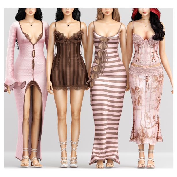four female Sims wearing flirty, stylish dresses