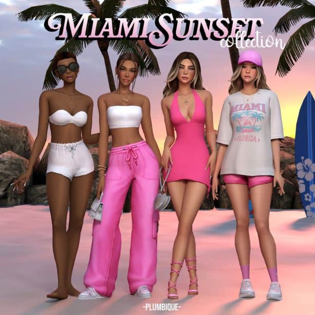 four female Sims dressed in Miami-inspired outfits