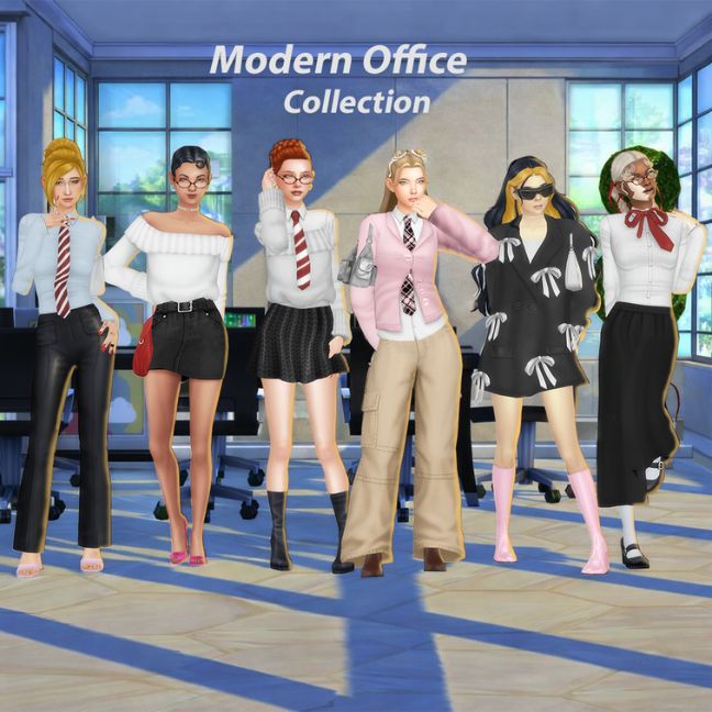 six female Sim dressed in modern outfits for the office