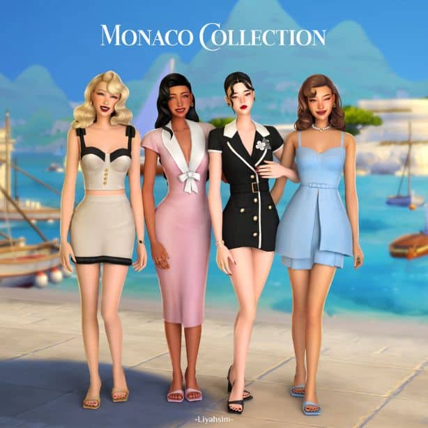 four female Sims wearing Monaco-inspired chic outfits and accessories