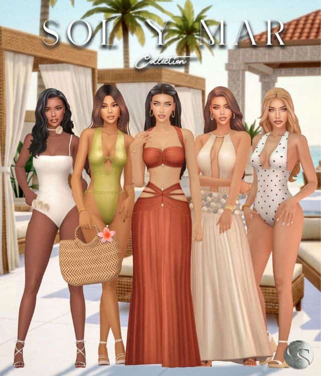 five female Sims dressed for the poolside