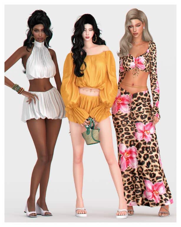 three female Sims wearing two-piece summer sets