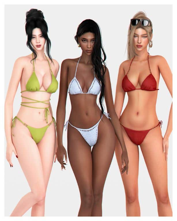 three female Sims modeling different styles of bikinis