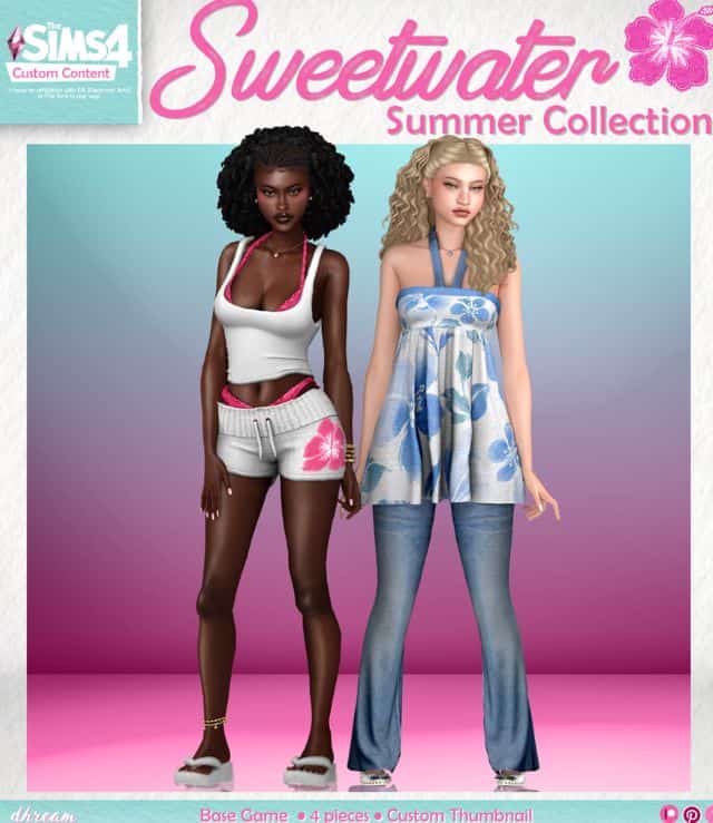 two female Sims wearing Y2K-inspired summer outfits