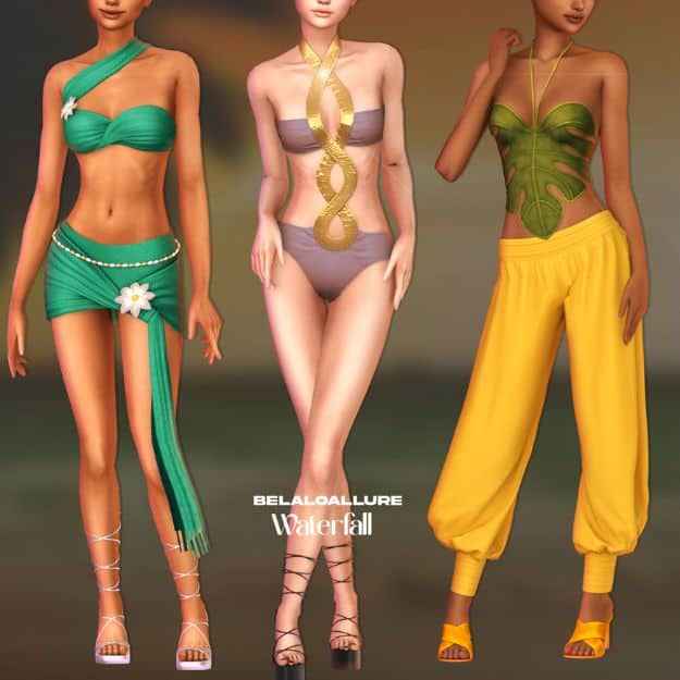 three female Sims wearing modern summer clothes and a swimsuit