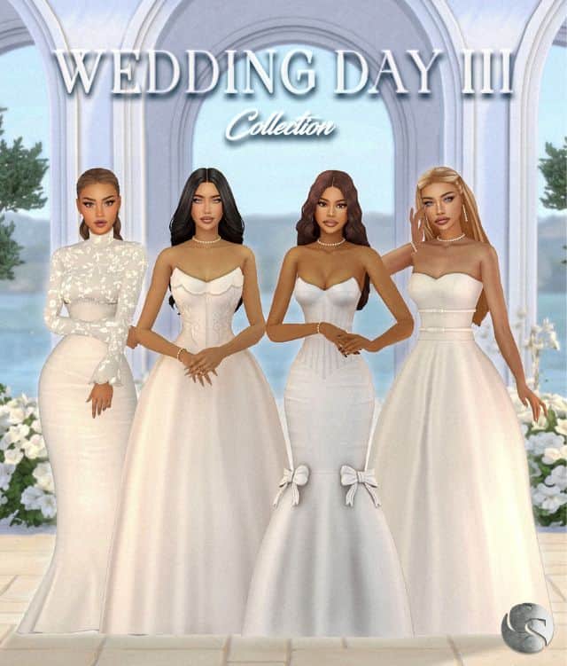 four female Sims wearing different styles of wedding dresses