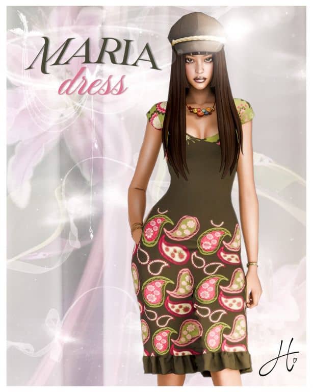 female Sim wearing a colorful paisley dress with a frilly hem